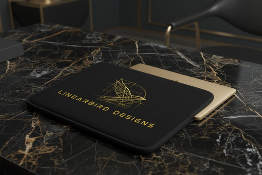 A black rectangular tablet sleeve or laptop skin with gold 'LINEARBIRD DESIGNS' text and logo, placed on a black marble surface with a gold laptop partially visible underneath.